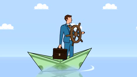 flat cartoon businessman character with helm wheel floating on dollar paper boat businesss control concept animation