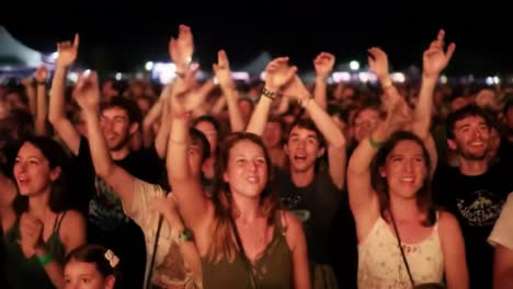 a vibrant crowd of enthusiastic fans celebrating at a music festival, capturing the joy and energy of the performance under the night sky