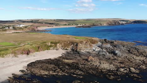 aerial view of south milton sands in background in thurlestone