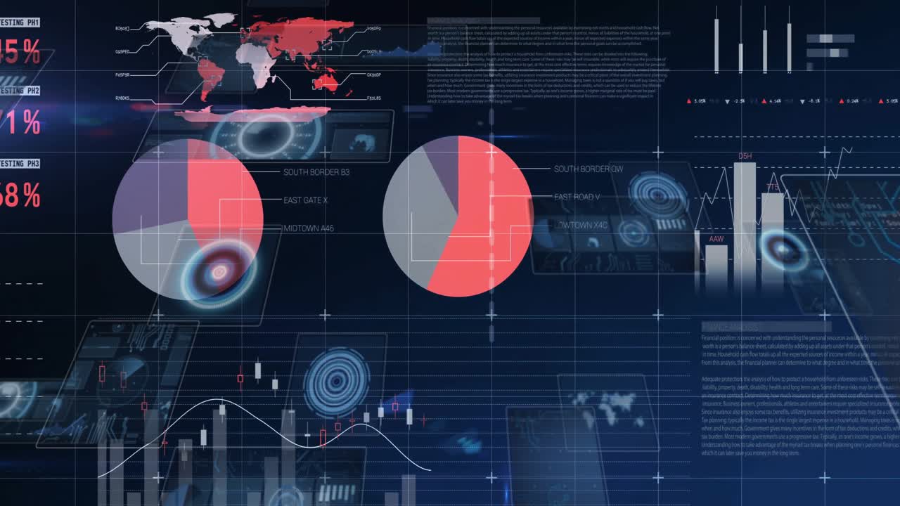 Digital dashboard fading in over blue grid updating index table gauges, charts, pie world heatmap