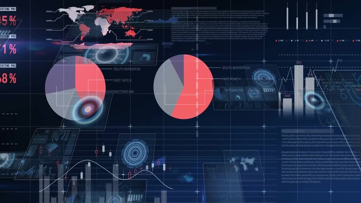 Digital dashboard fading in over blue grid updating index table gauges, charts, pie world heatmap