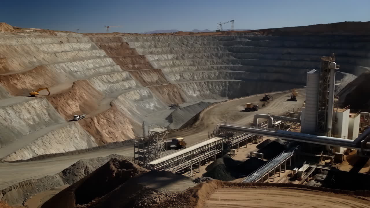 Aerial View of a Large Open-Pit Mining Operation with Heavy Machinery and Processing Facilities