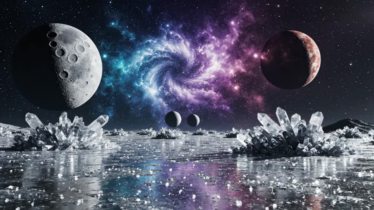 Surreal Space Landscape with Planets and Crystals