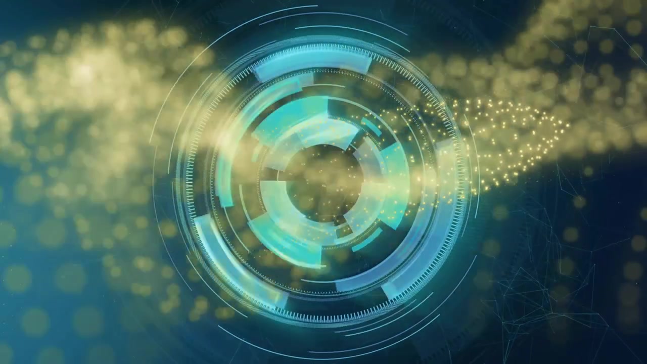 Golden stream flowing across grid causing rotating expanding turquoise rings pulsing visualization