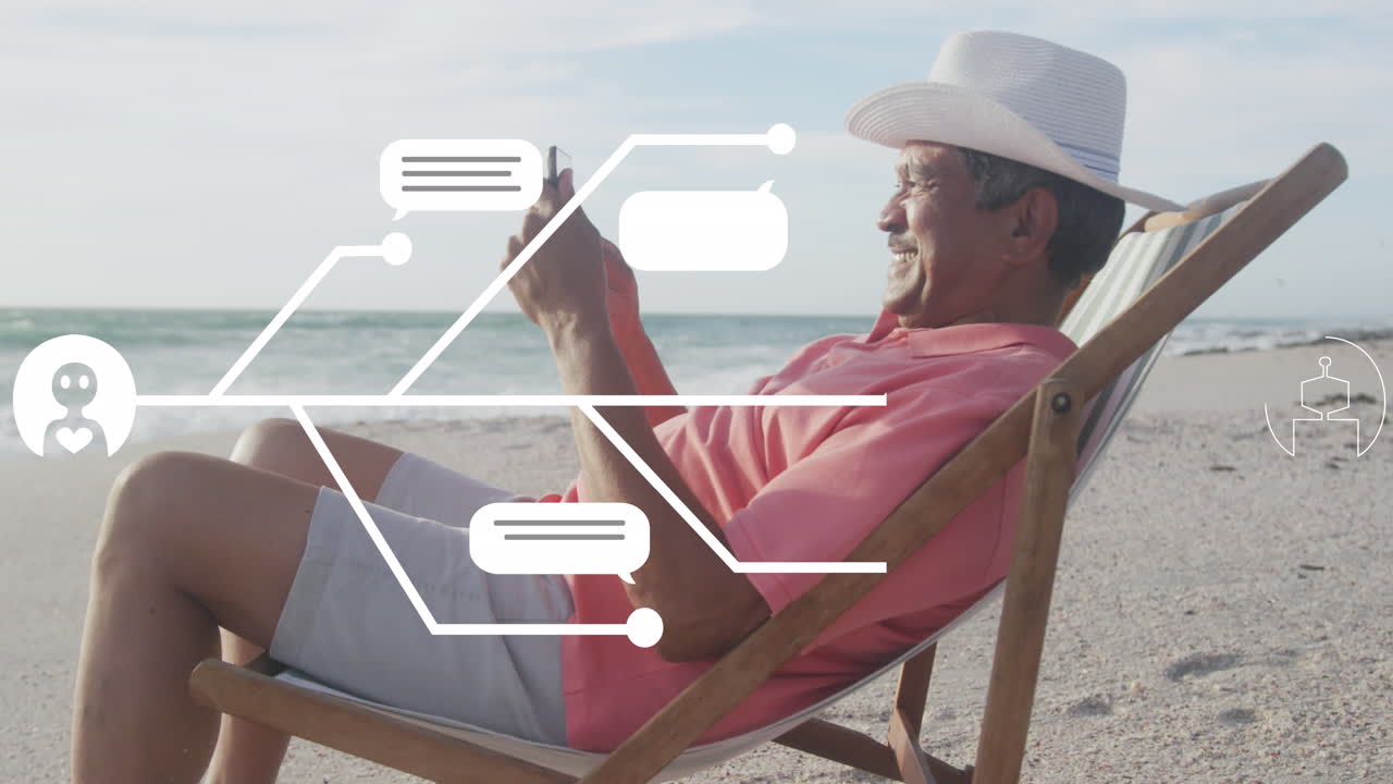 animación de un procesamiento de datos sobre un hombre biracial usando un teléfono inteligente