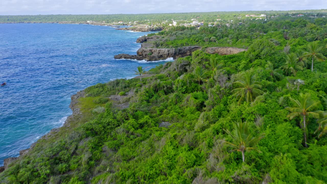 Volo aereo in avanti sopra scogliere frastagliate e verdi, Boca de Yuma nella Repubblica Dominicana