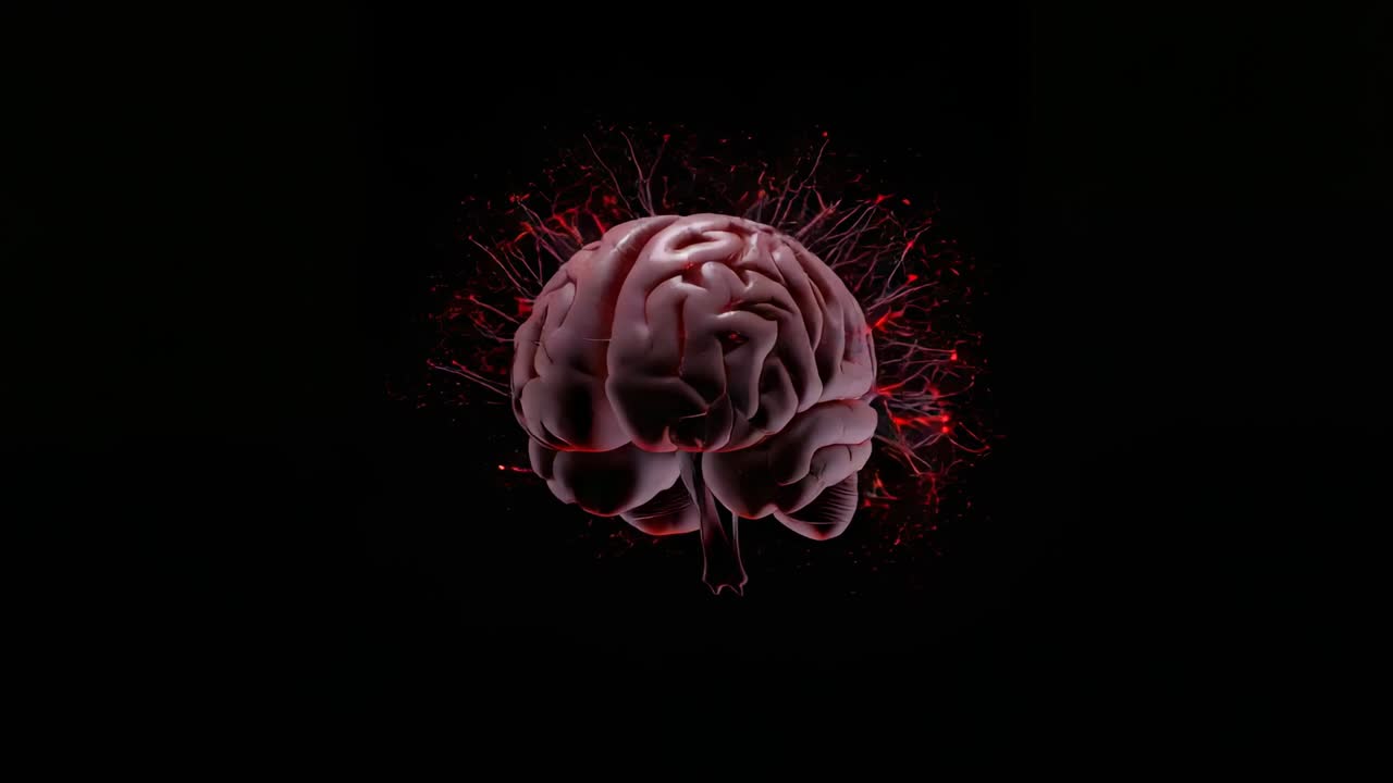 Animating 3D brain rotating, pulsing red nodes on filaments in black void, showing neural activity
