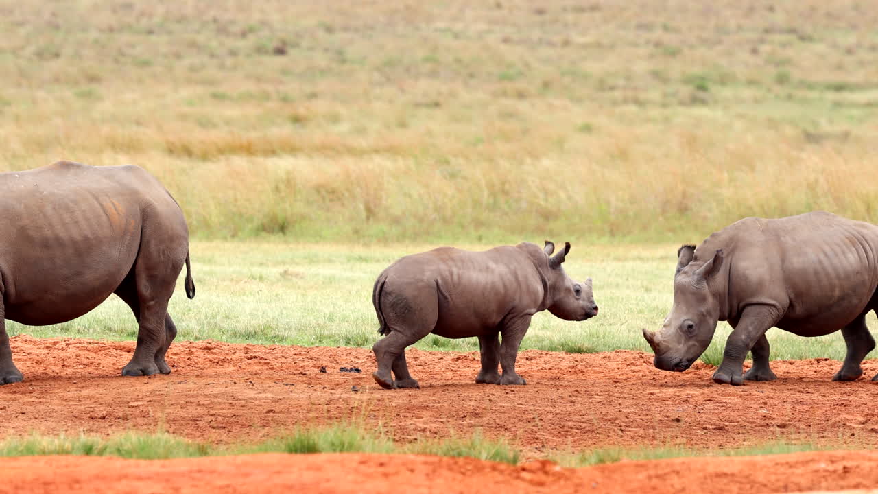 Young rhinos playfully interact in savannah, curiosity and social bonding