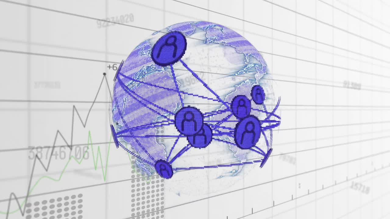 Animation of financial data processing over globe with connections and icons