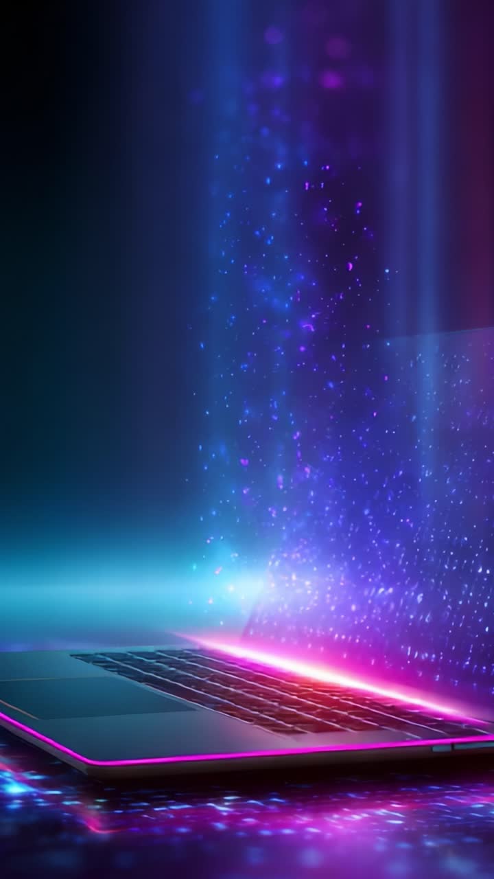 A Luminous Laptop Emanating Colorful Data Streams in a Mystical Digital Environment with Dynamic Light Effects and Vibrant Glow