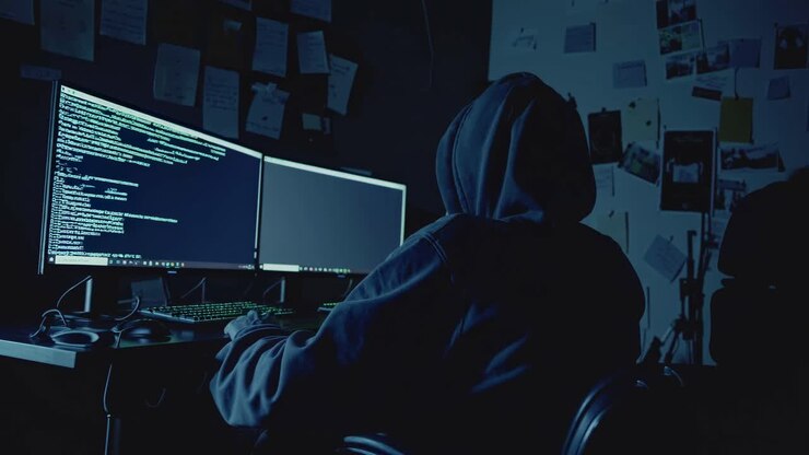 Una scena video cupa e suggestiva di una figura incappucciata davanti a una configurazione a doppio monitor, vista da dietro dal basso