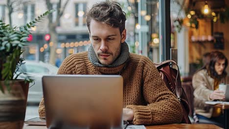 man working on laptop in a cafe