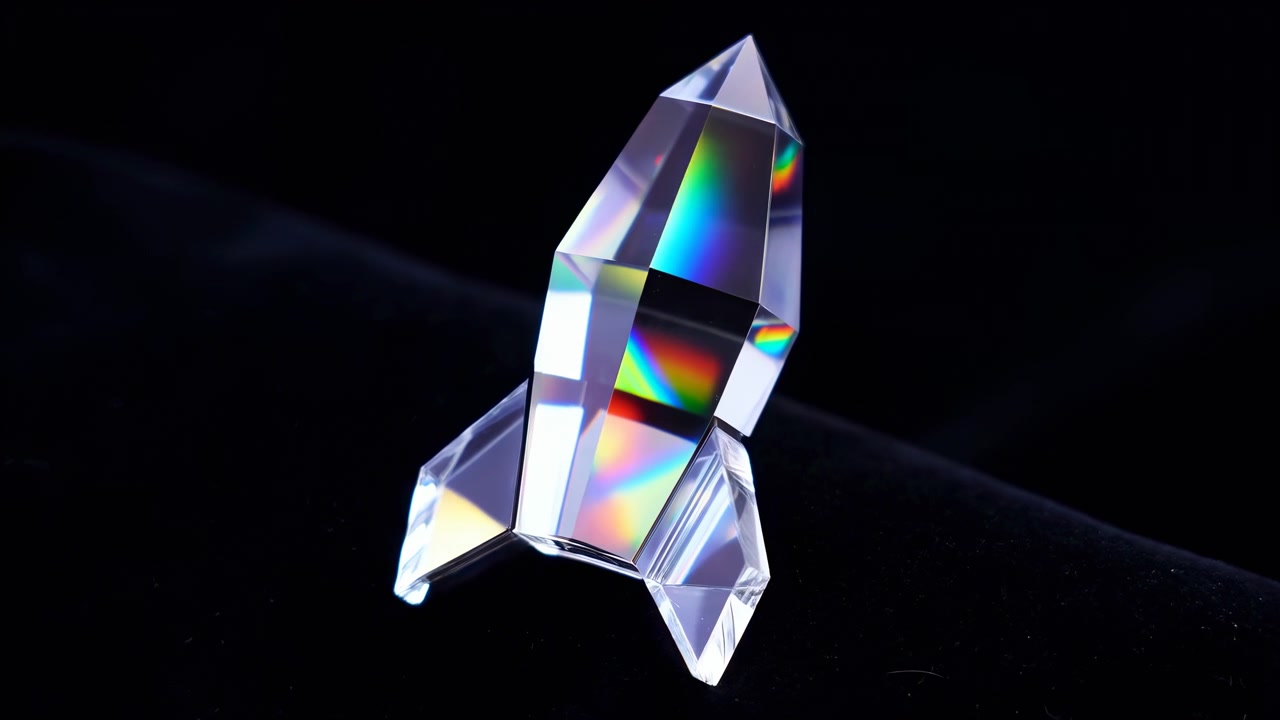 Prisma di cristallo sfaccettato poggia su velluto nero mentre un raggio stretto crea una dispersione arcobaleno mutevole, bande di colore interne che cambiano, riflessi nitidi e un'atmosfera di lusso astratto ed elegante.