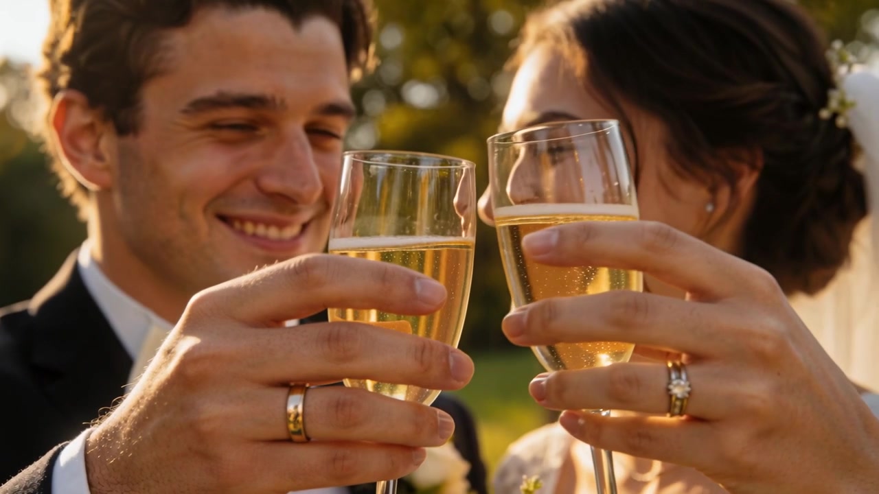 Raising flutes, newlyweds clinking glasses in garden at sunset, toasting marriage and showing rings