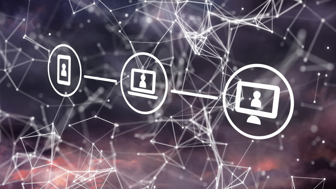 폭풍우 구름을 통해 번개를 통해 아이콘과 연결된 점의 흐름 차트의 애니메이션