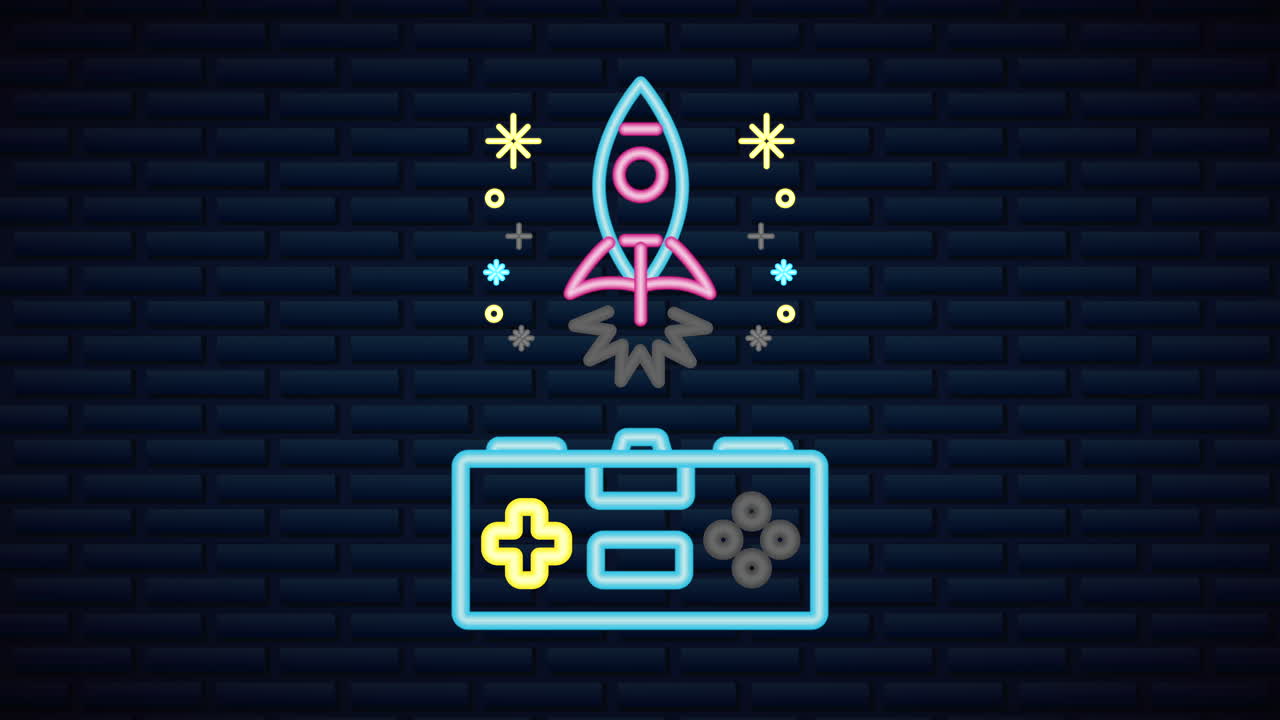 wall with neon light video game control and rocket