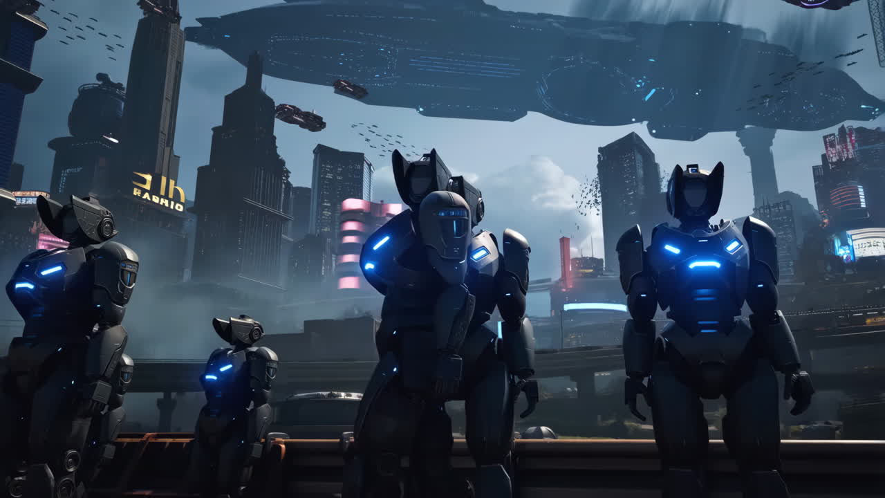 Robots Patrol a Cyberpunk Cityscape with Flying Ships