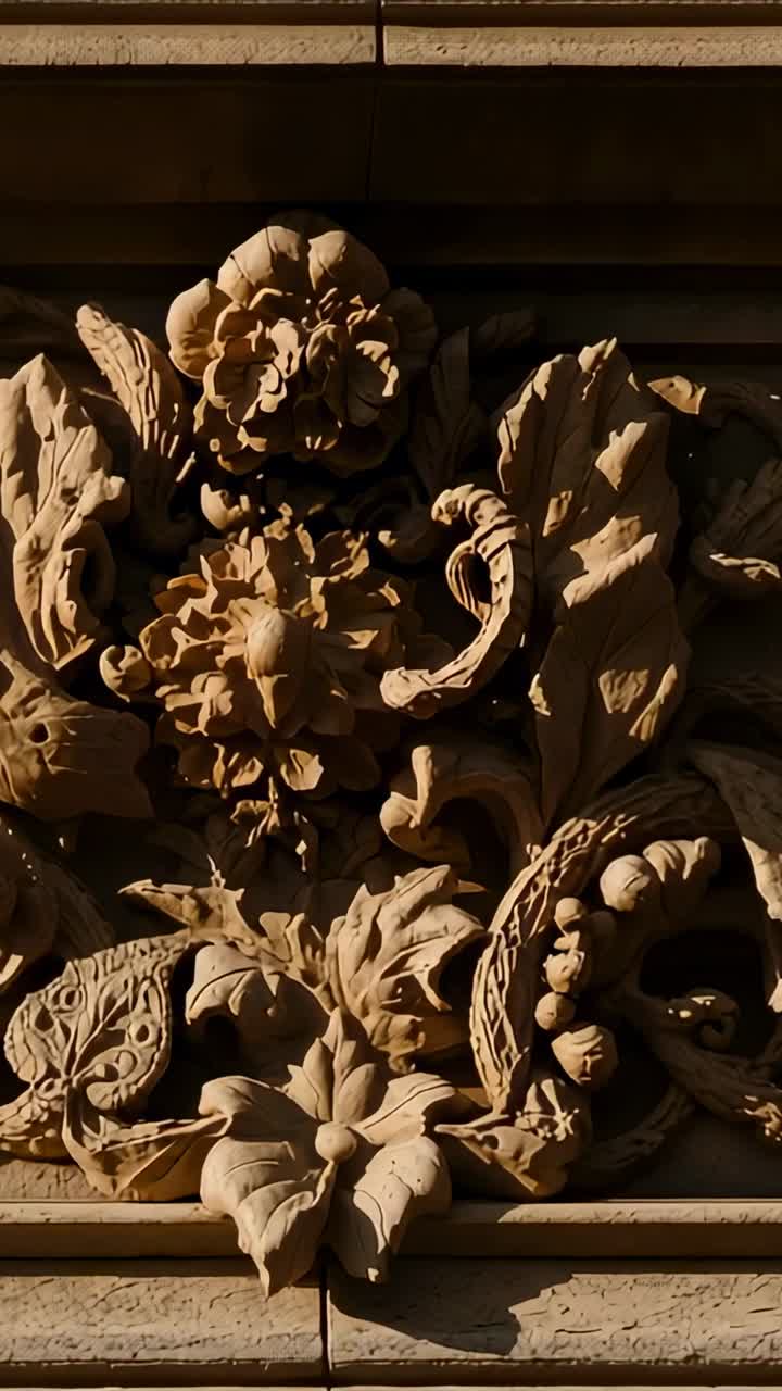 Vertical video: Starting forward tracking camera revealing relief on facade, with floral motifs