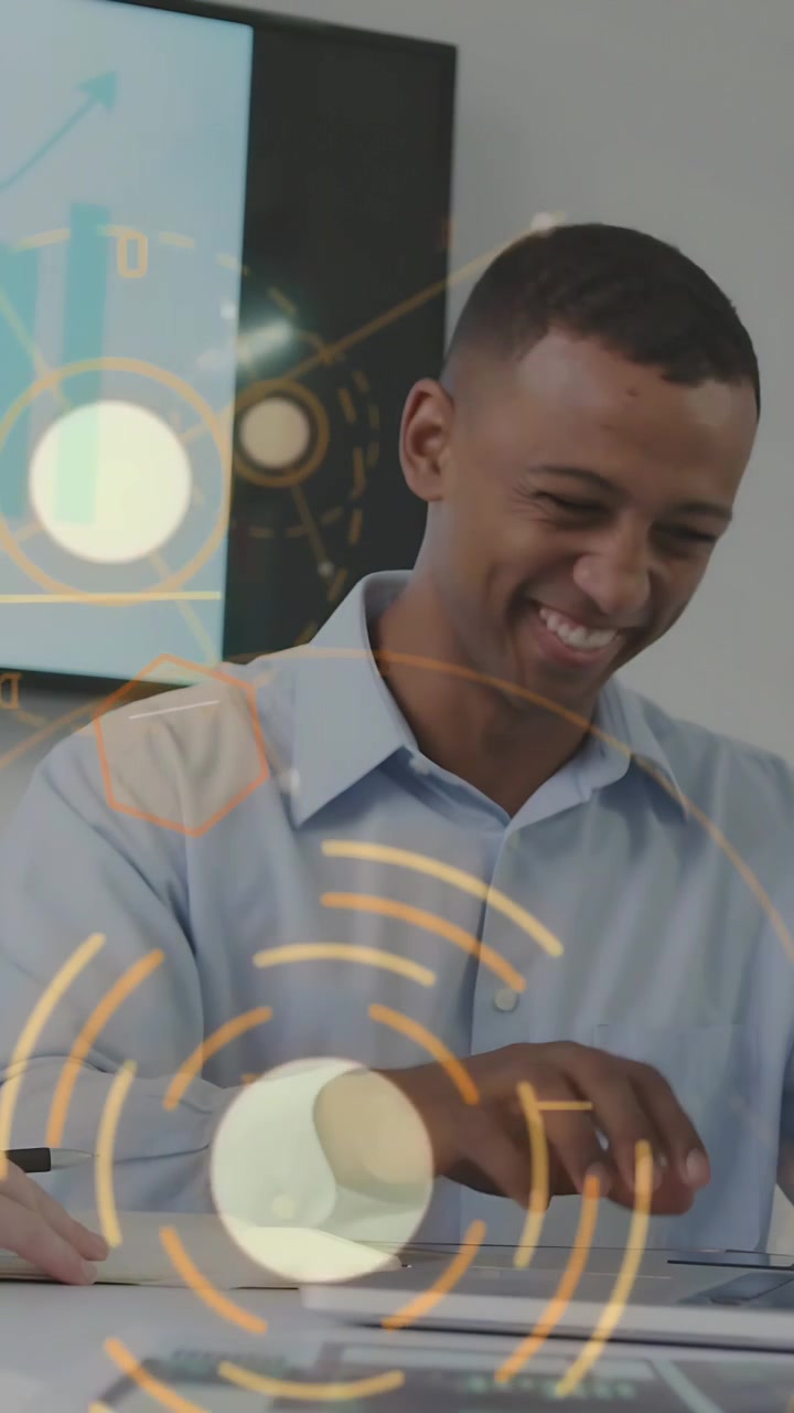Vertical video: Man in business glancing at charts tapping tablet with docs HUD showing data