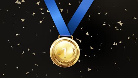 gold medal with blue ribbon and confetti