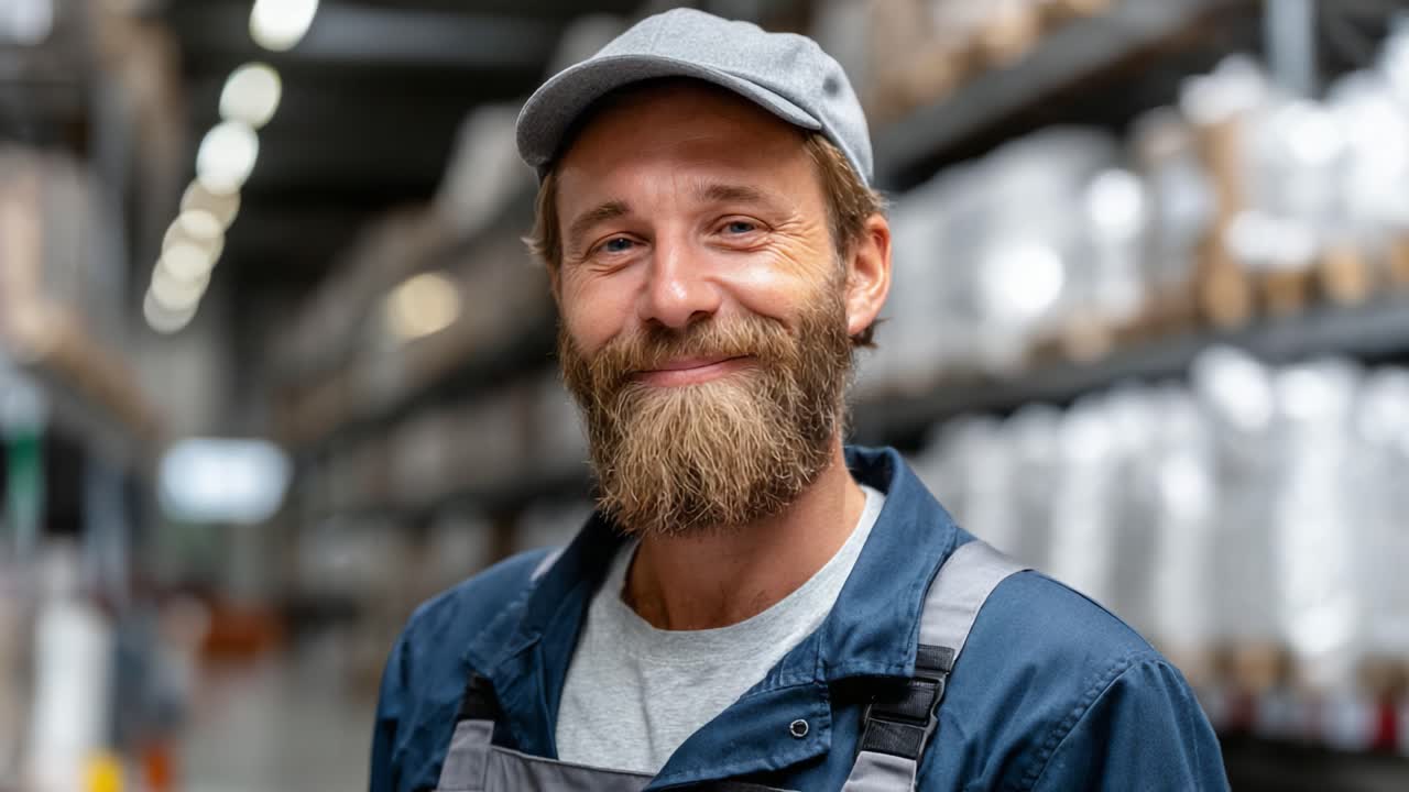 A Friendly Warehouse Worker with a Beard and Cap Smiling at the Camera, Radiating Positivity and Approachability in a Busy Storage Environment