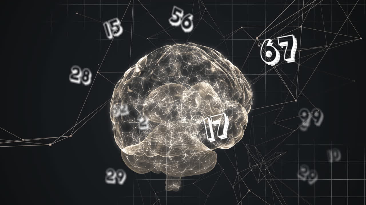 Multiple numbers floating and network of connections against spinning human brain
