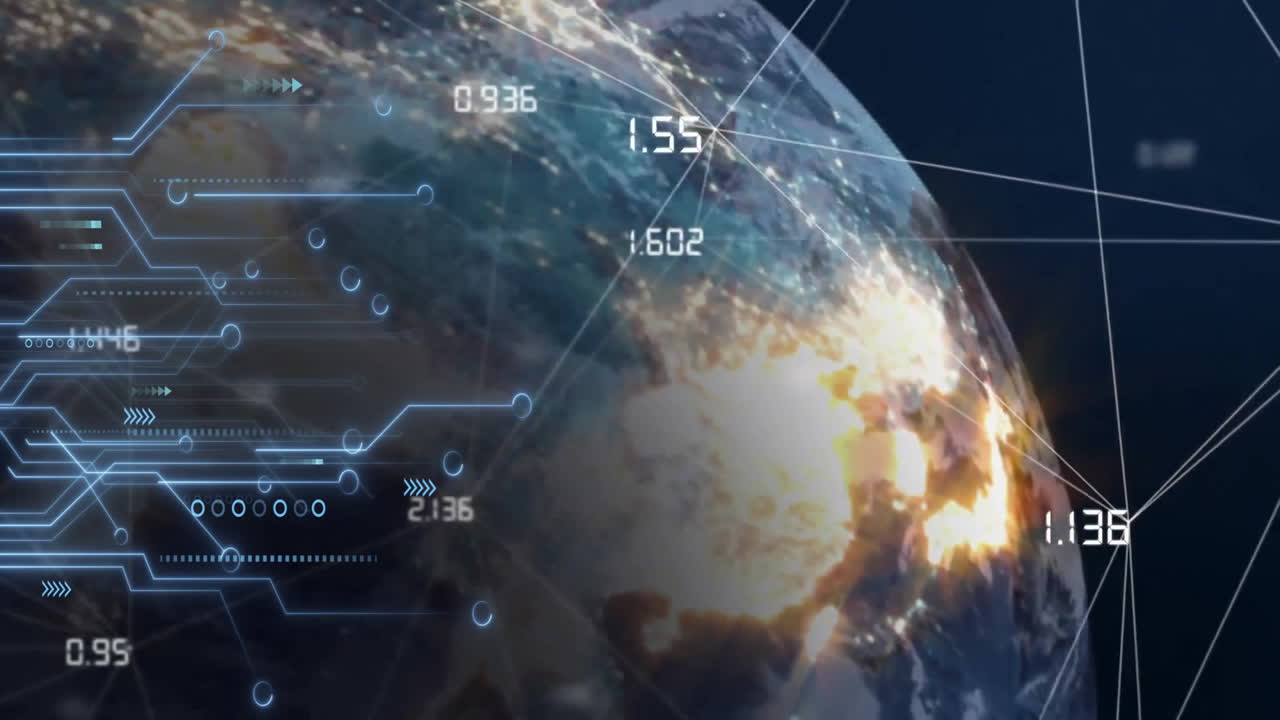 Animation showing digital data overlay with numbers and circuits over Earth