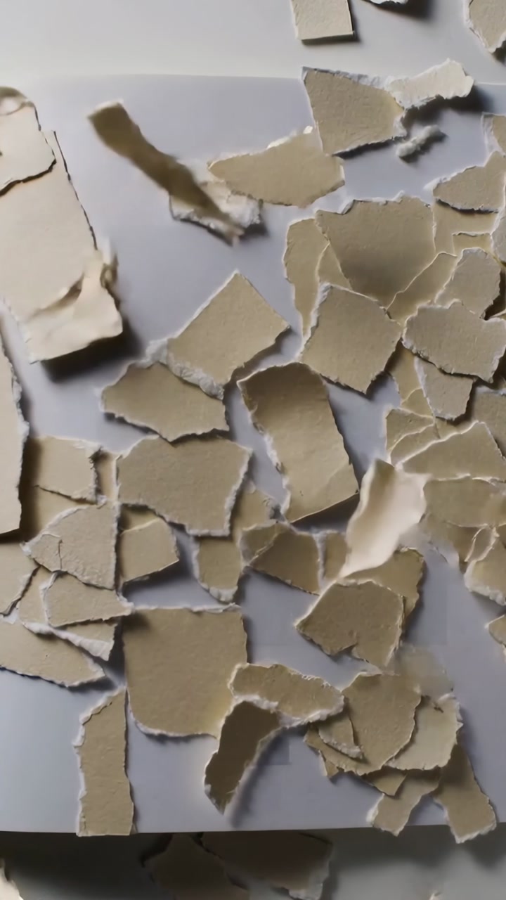 Vertical video: Entering hand tearing and placing torn beige pieces on table, covering white sheet