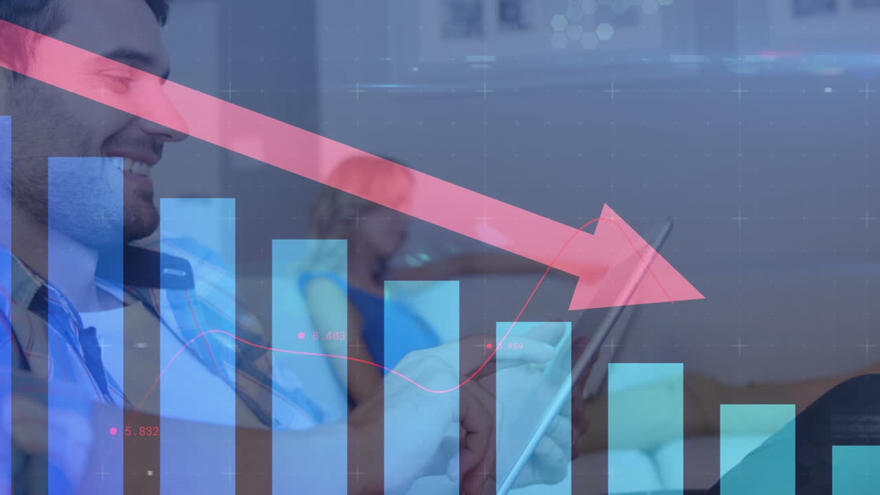Animation of arrow, data and graphs moving over caucasian man using tablet