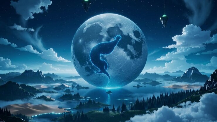 Pulling back, camera revealing lakeside panorama to showcase moon with blue fox and small boat