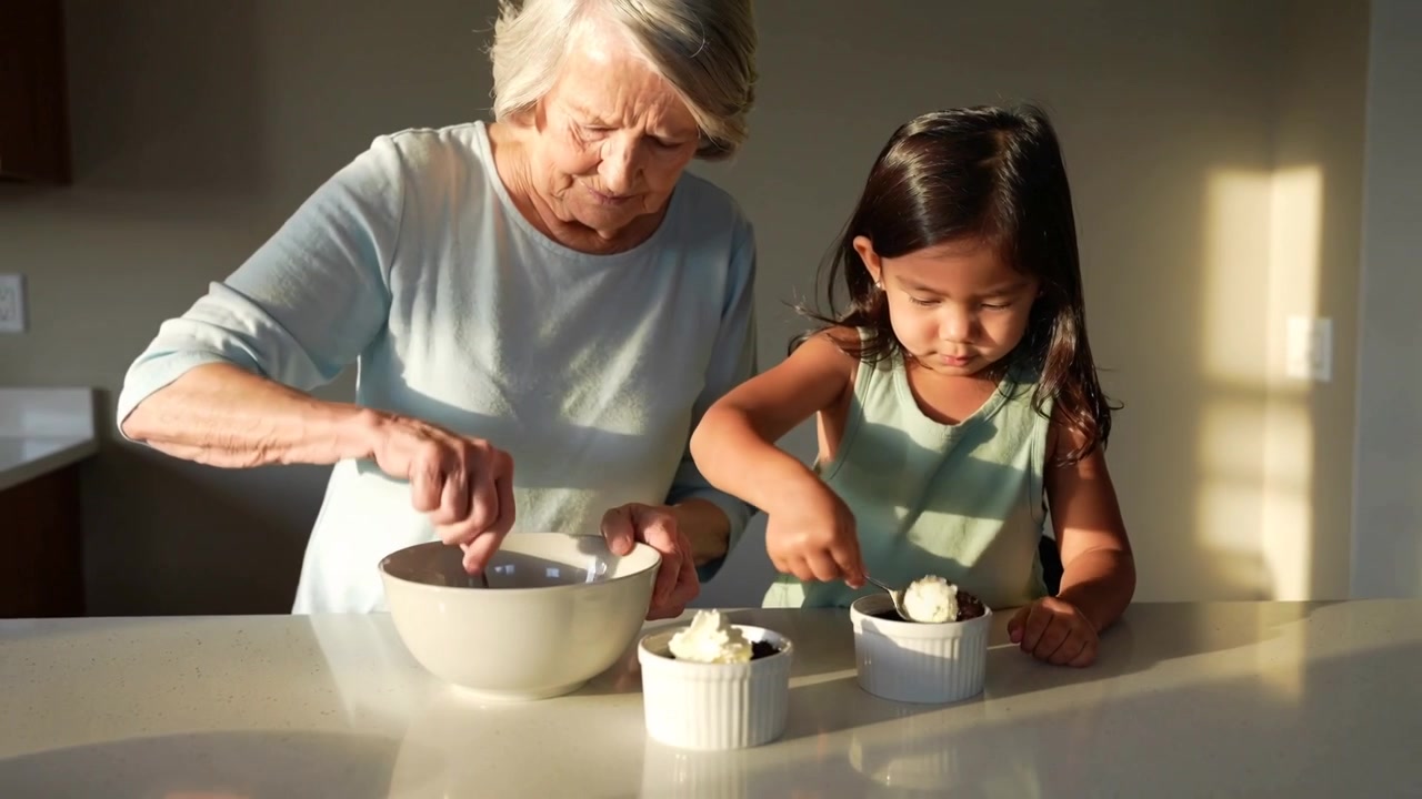 Scooping from bowl grandma guiding granddaughter in green placing topping into ramekins in kitchen