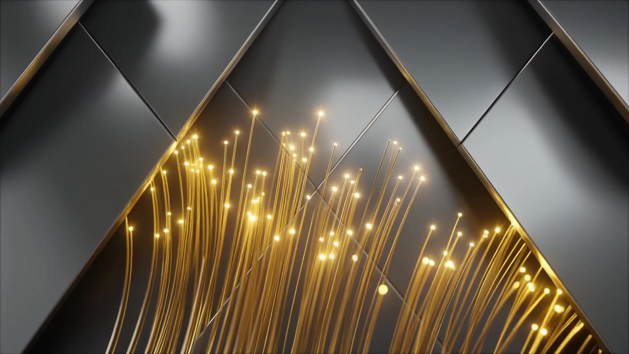 Abstrakt animation af glødende fiberoptiske kabler mod en metallisk baggrund.