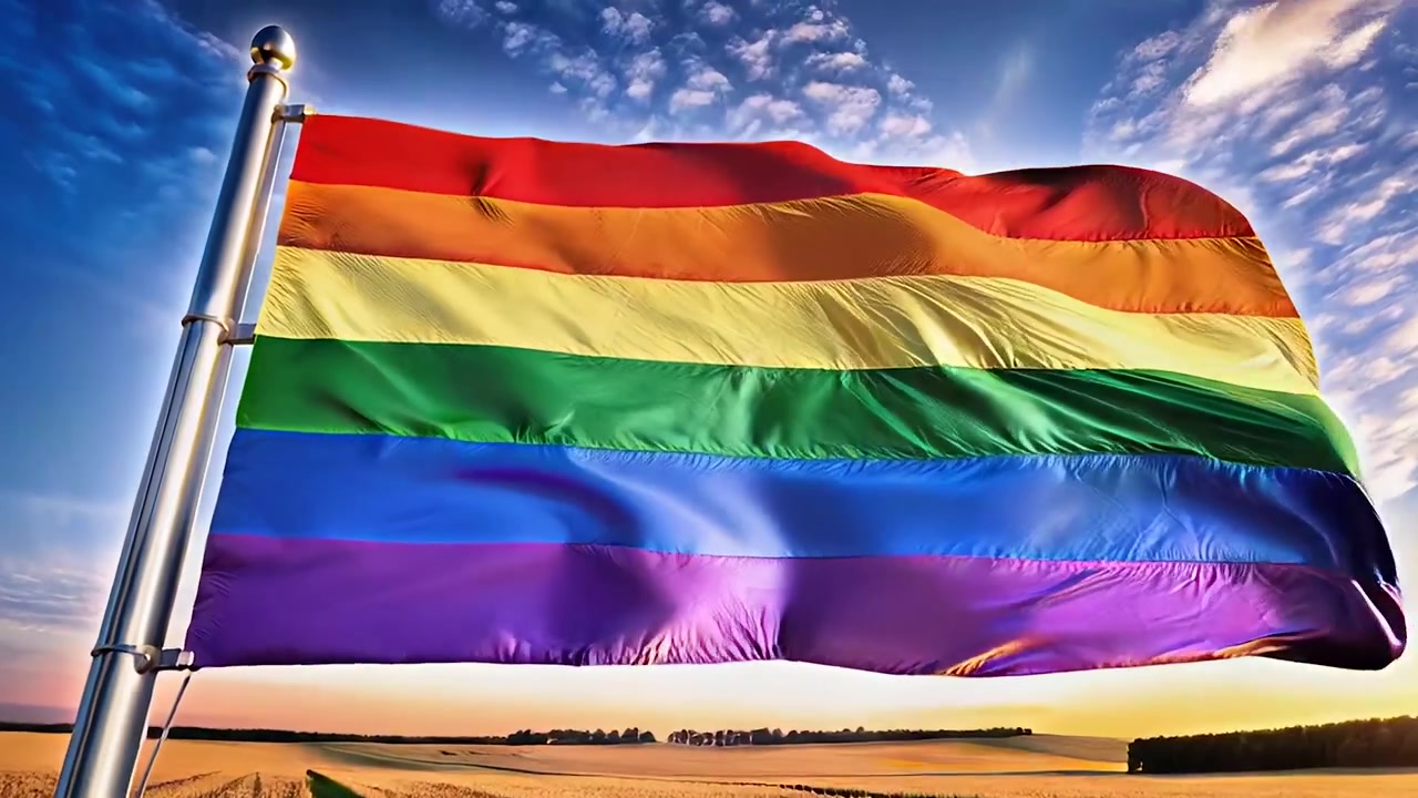 Regnbågs Prideflagga vajar över ett vetefält vid solnedgången