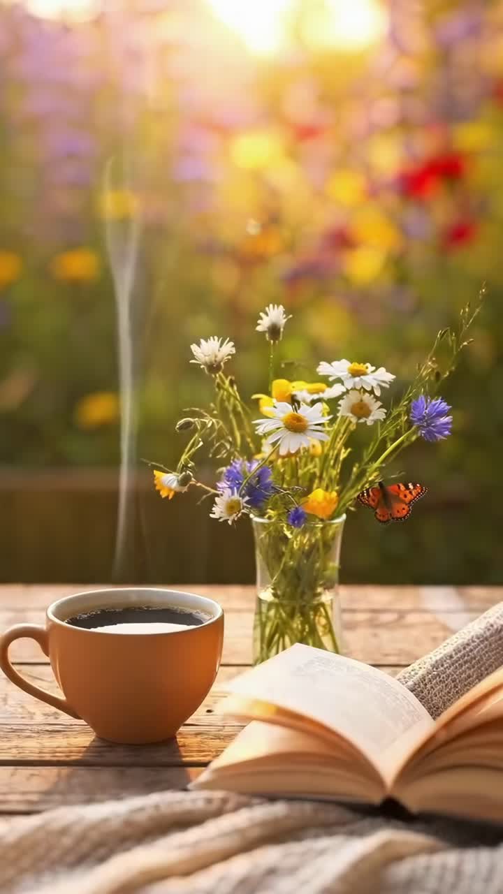 Concepto de video cálido y acogedor con una vista en ángulo bajo de café, flores y un libro abierto