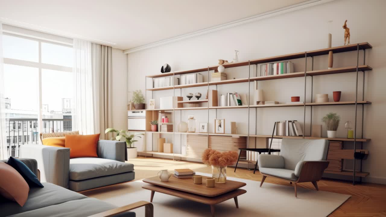 Soggiorno moderno con arredamento vintage, ripreso con un obiettivo grandangolare