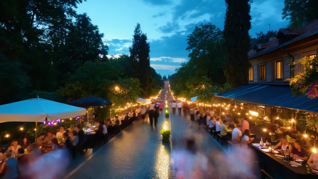 Eine lebhafte Abendszene in einer belebten Straße, die von funkelnden Lichtern erhellt wird und in der sich viele Menschen an Essen und Gesellschaft erfreuen, wobei die Essenz nächtlicher Zusammenkünfte eingefangen wird
