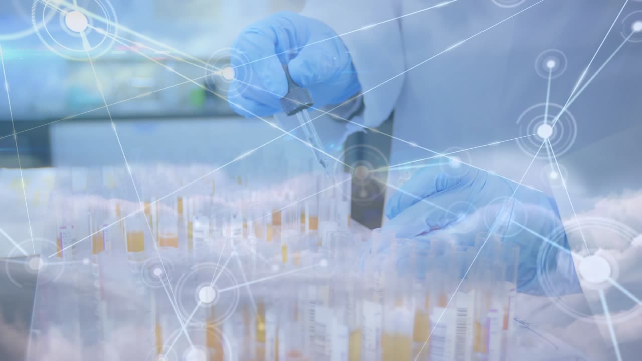 Animation of network of connections over hands of lab worker with samples