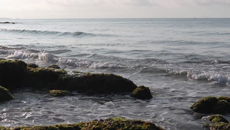 Las-Olas-Rompiendo-En-La-Orilla-Rocosa-Miran-El-Amanecer