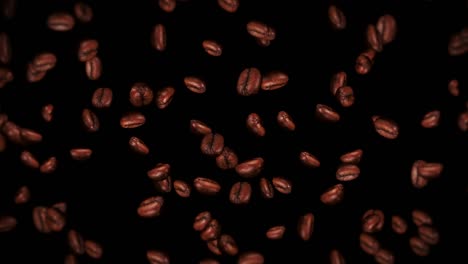 flying many coffee beans on black background. caffeine drink, breakfast, aroma. 3d animation of roasted coffee beans rotating. loop animation.