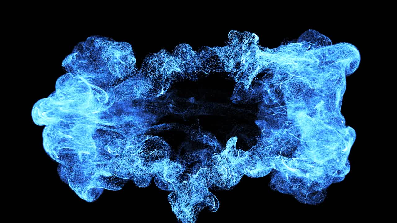 Particelle blu dinamiche in espansione e dissolvenza su sfondo nero