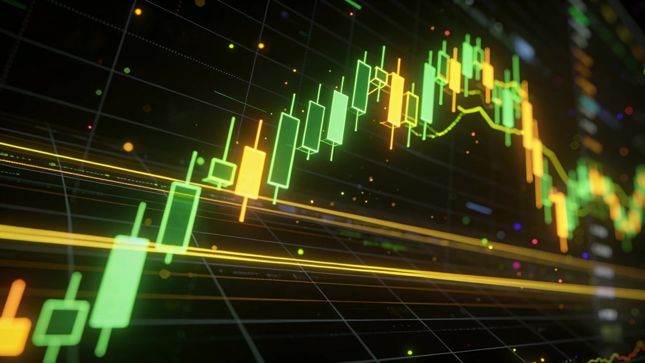 Recebendo dados de mercado, gráfico de velas 3D subindo na grade, atingindo o pico e depois revertendo com a linha de Média Móvel.