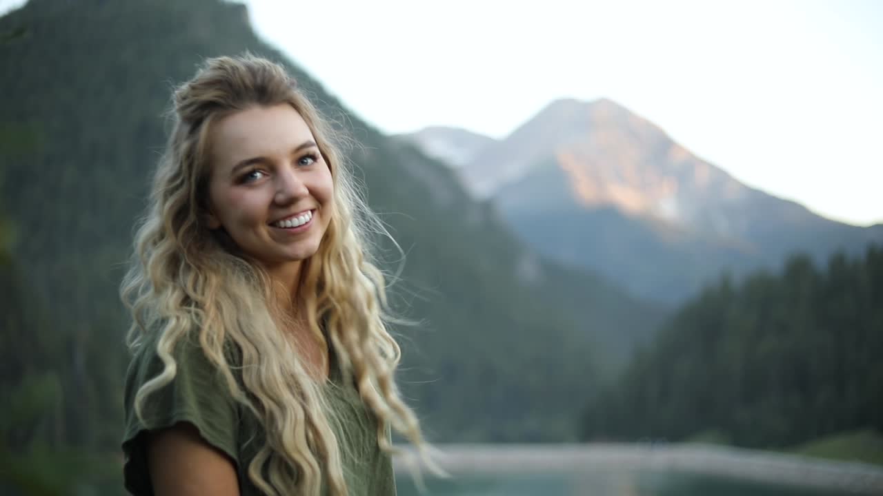 Slow Motion Shot of a happy beautiful blonde female overlooking a gorgeous scene in the mountains-1