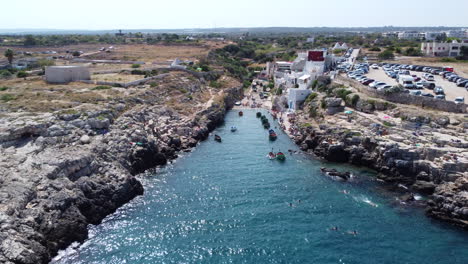 aerial drone view of port alga in polignano a mare, sunny idyllic bay