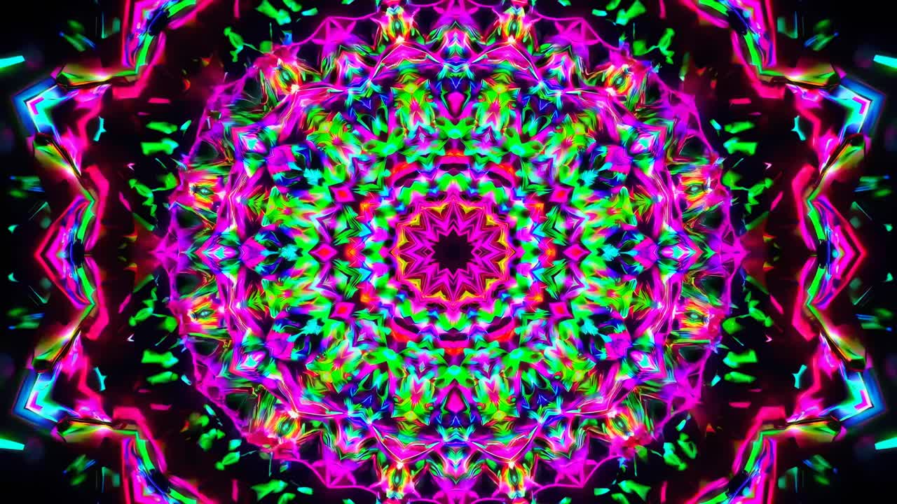 Vivace motivo caleidoscopico con colori al neon, visto da un'angolazione dall'alto.