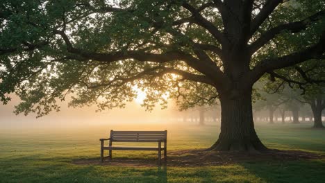 a tranquil morning scene featuring a solitary bench nestled beneath a majestic tree, bathed in soft golden light and surrounded by a serene fog-covered landscape