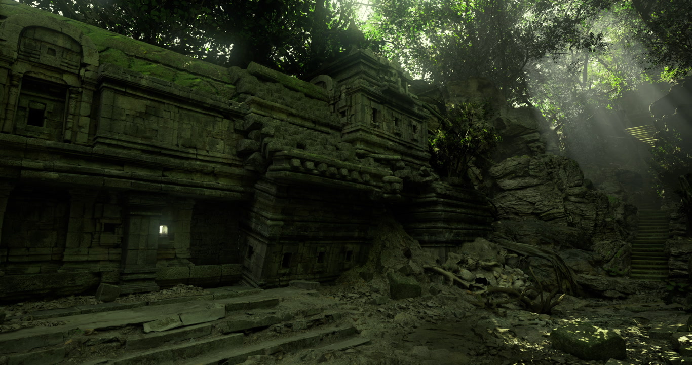 Stone ruins in dense jungle with sunlight filtering through trees