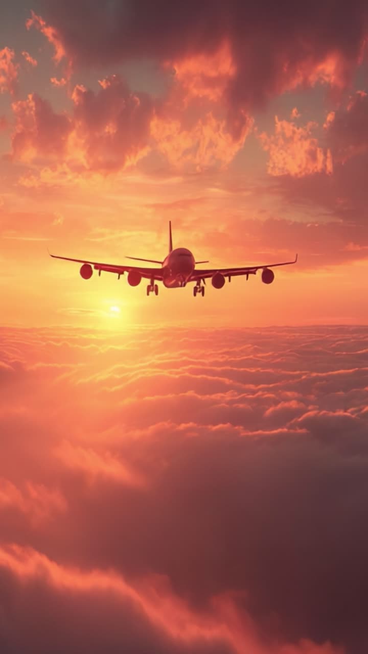 Un viaggio mozzafiato tra i cieli: un aereo che emerge da nuvole colorate al tramonto, catturando l'essenza del viaggio e della libertà nell'immenso cielo