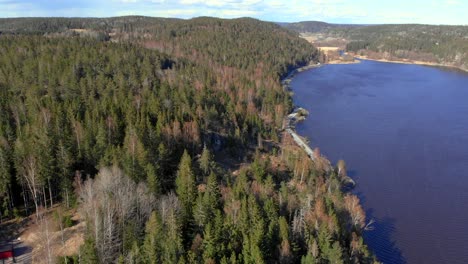 Toma-Aérea-De-La-Carretera-A-Lo-Largo-Del-Lago,-Que-Rodea-El-Pintoresco-Bosque-Boreal