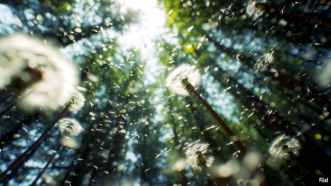 A Magical Glimpse of Nature: Dandelion Seeds Dance in Sunlit Forest as They Take Flight, Creating a Whimsical Scene of Beauty and Life Amongst Towering Trees
