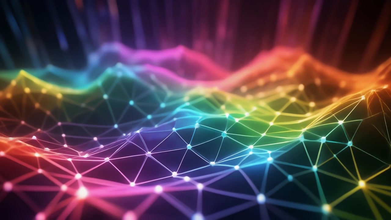 Abstract Digital Network Landscape with Glowing Rainbow Nodes